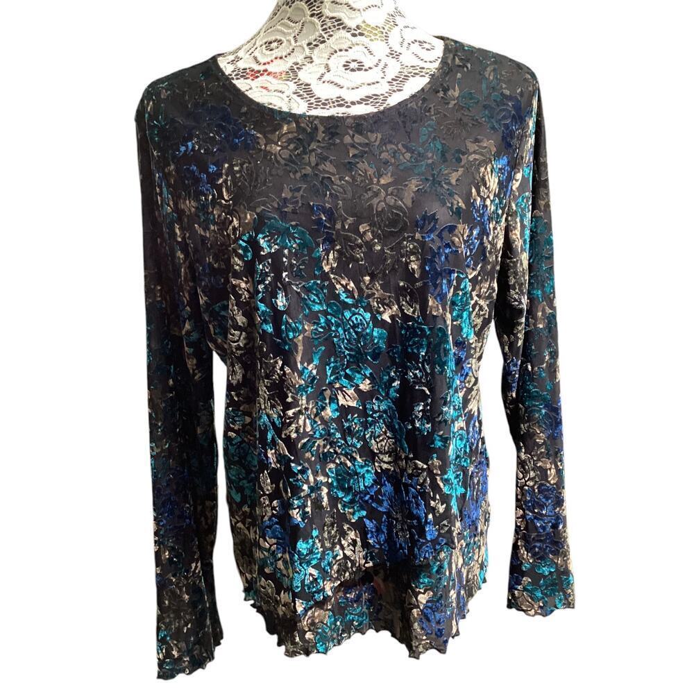 Coldwater creek‎ velvet burnout  faux wrap flare long sleeve blouse L